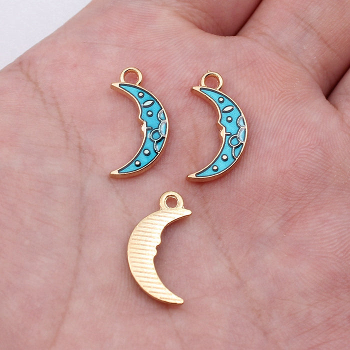 Gold Tone Crescent Moon Charms in Blue and Purple Enamel