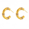 Gold Bamboo Segment C-Hoop Earrings White Zircon Pave Joints view 5