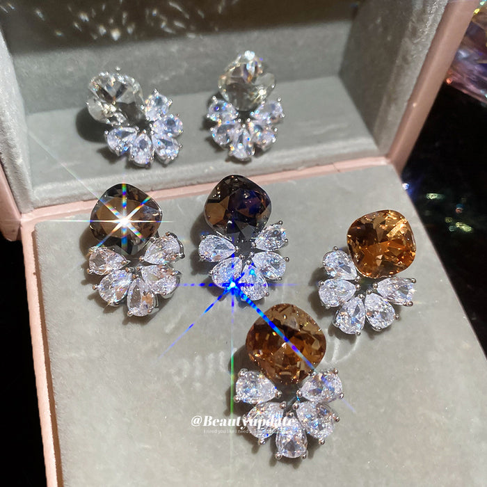 Crystal Flower Drop Earrings In Three Top Stone Colors