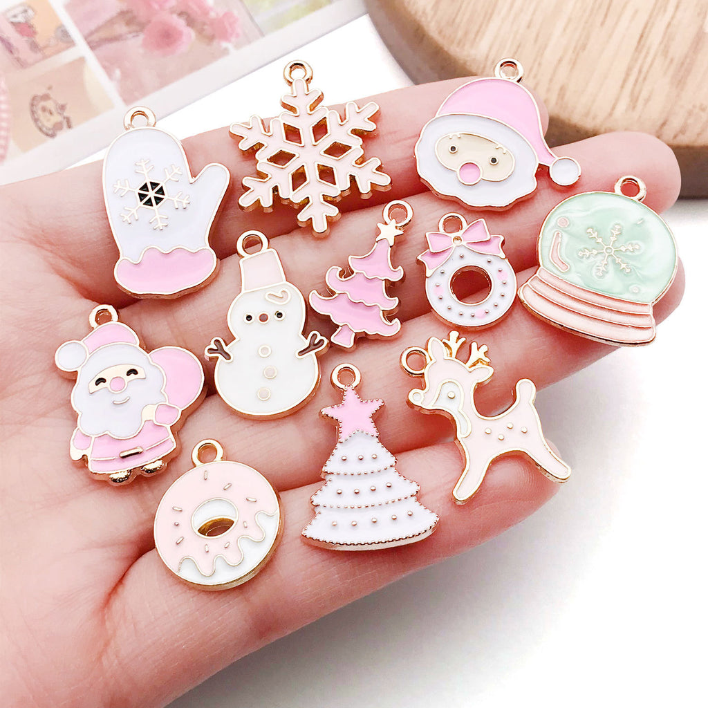 Glass Pink White Enamel Santa Claus Snowflake Gift Box Charm Pendant for DIY Bracelet Jewelry