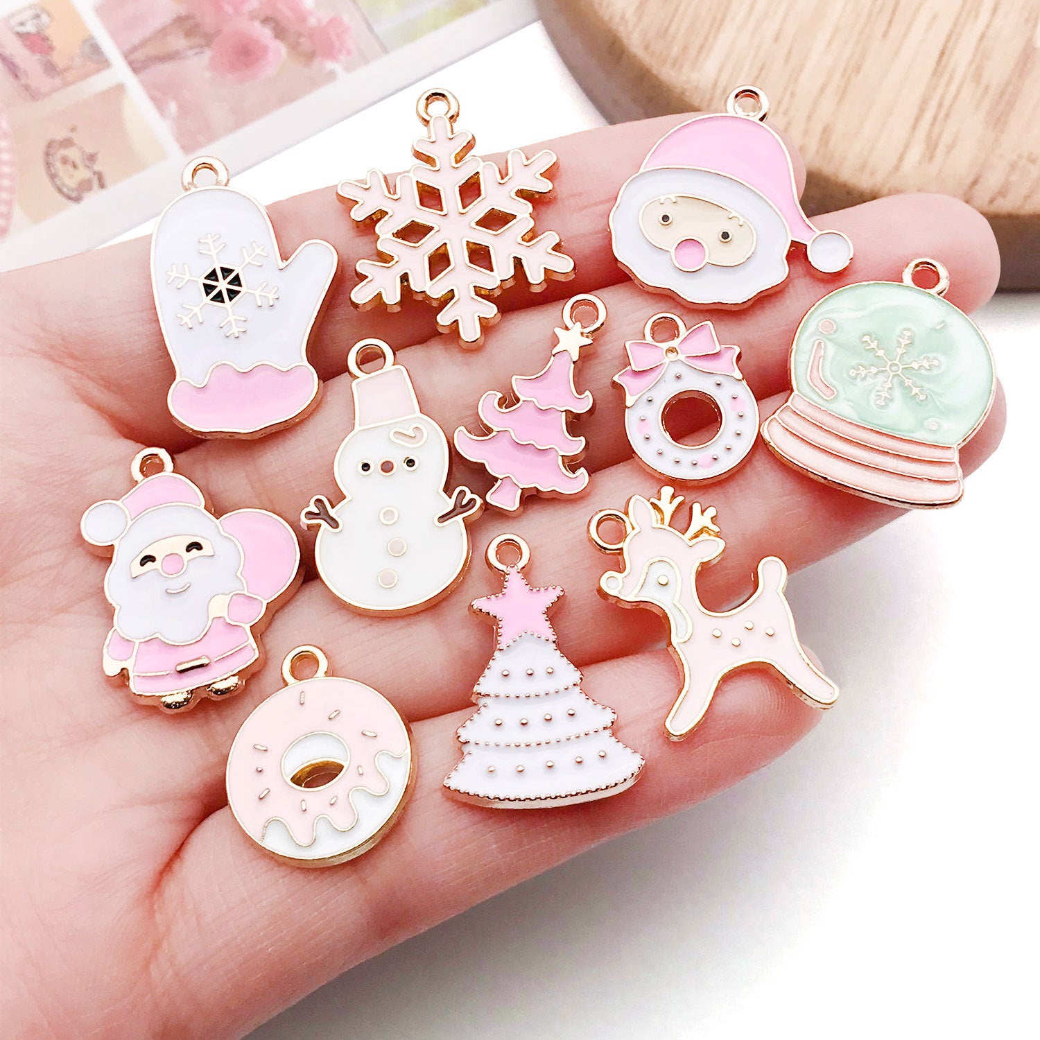 Glass Pink White Enamel Santa Claus Snowflake Gift Box Charm Pendant for DIY Bracelet Jewelry