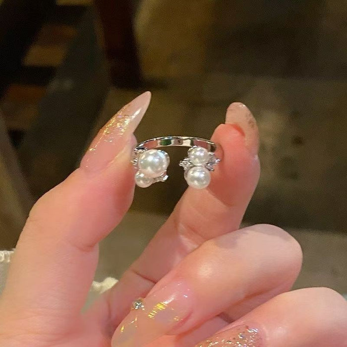 Adjustable Open Pearl Cluster Ring Clear Accents Two Colors