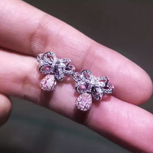 Pink Bow Crystal Drop Earrings in Silver Tone, alternate angle.
