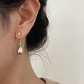 Brown Teardrop Pearl Stud Earrings With Polished Metal Tone Details view 4