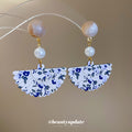 Blue Floral Fan and Pearl Drop Stud Earrings with Detailed Finish view 2