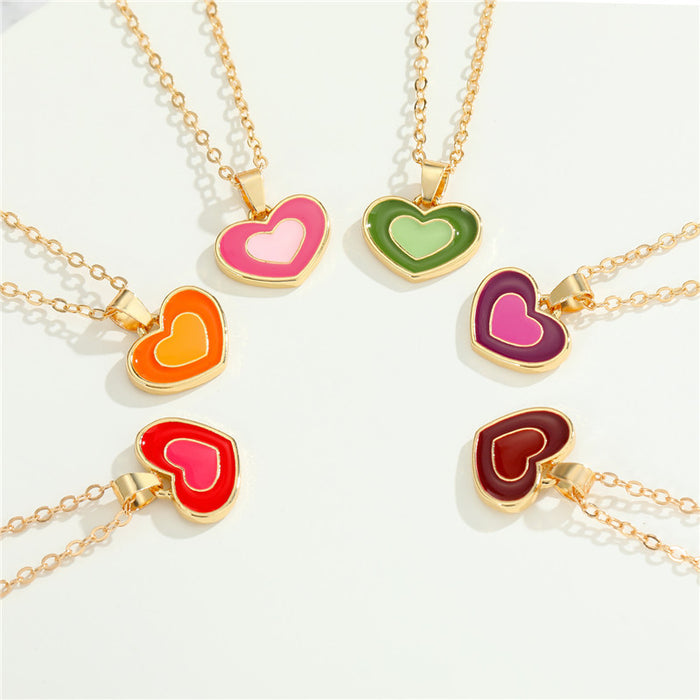 Gold Tone Double Heart Enamel Pendant Necklaces in Six Colorways