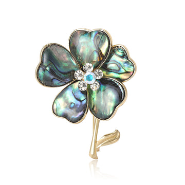 Gold Tone Five Petal Shell Effect Flower Brooch With Crystals