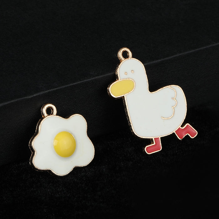 Enamel Duck and Fried Egg Charm Pendant Gold-Tone Alloy