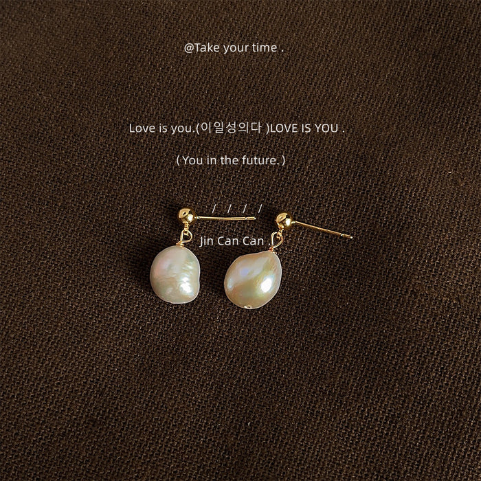 Gold Tone Round Ball Top And Baroque White Pearl Stud Earrings