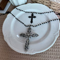 Black Bead Dual Cross Rhinestone Gothic Layered Necklace view 3