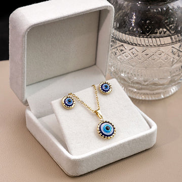 Round Blue Evil Eye Necklace and Stud Earring Jewelry Set