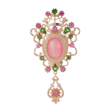 Red Gold Tone Ornate Oval Gemstone Metal Brooch Pin