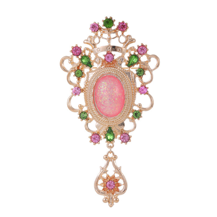 Red Gold Tone Ornate Oval Gemstone Metal Brooch Pin