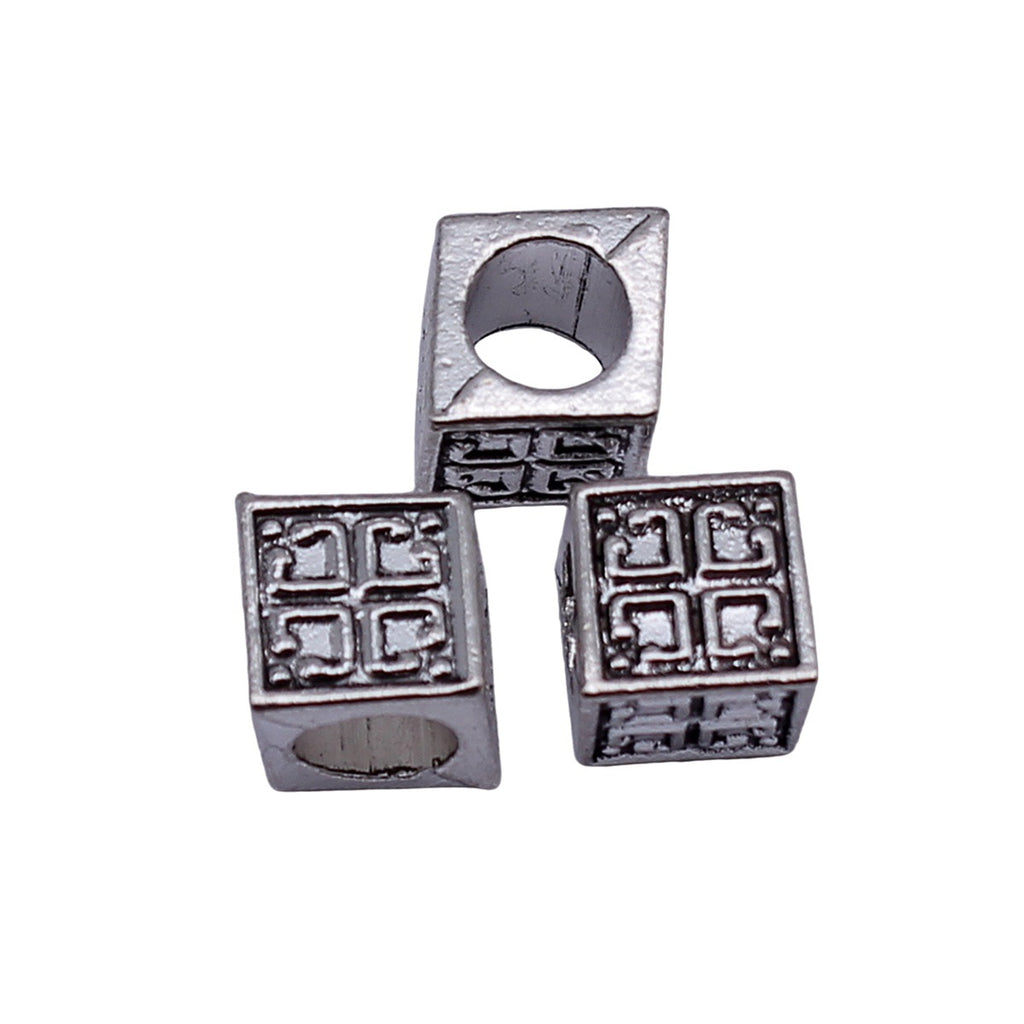 7.8x7.8x7.8mm 1.7g Antique Silver Zinc Alloy Cube Floral Pattern Large Hole Spacer Beads for Bracelet Making