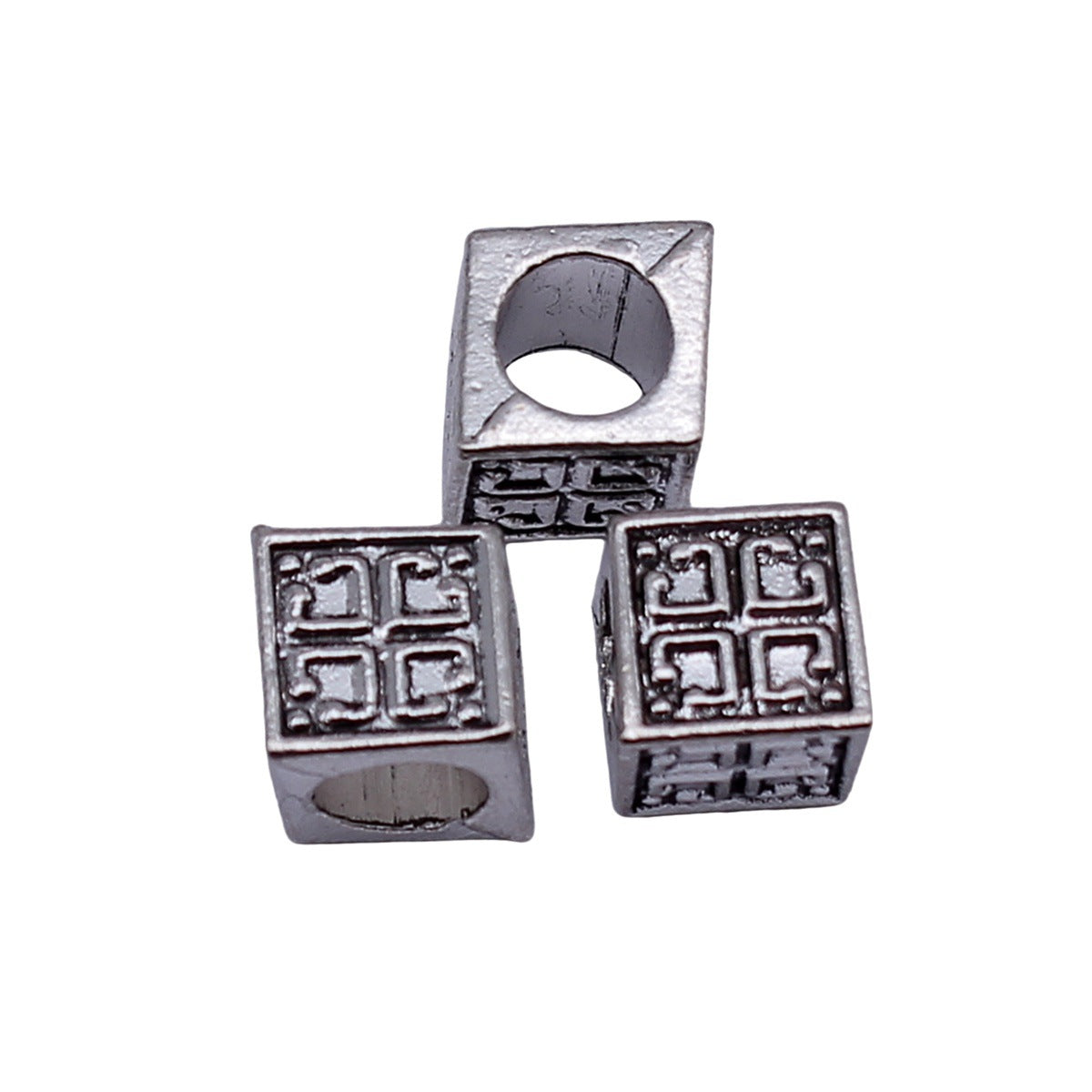 7.8x7.8x7.8mm 1.7g Antique Silver Zinc Alloy Cube Floral Pattern Large Hole Spacer Beads for Bracelet Making