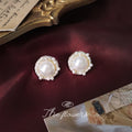Gold Round Pearl Stud Earrings Seed Pearl Halo Frame view 6
