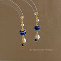 Gold-Tone Blue Ceramic Disc Pearl Drop Dangle Earrings view 1