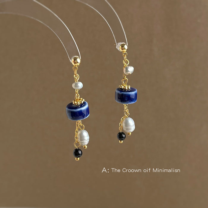 Gold-Tone Blue Ceramic Disc Pearl Drop Dangle Earrings