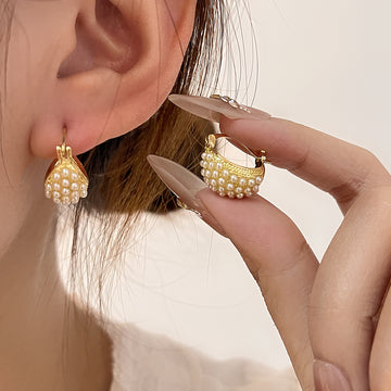 Pearl Look Cluster Textured Gold Tone Huggie Earrings