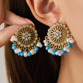 Gold Floral Medallion Pearl Look Bead Fringe Earrings view 6