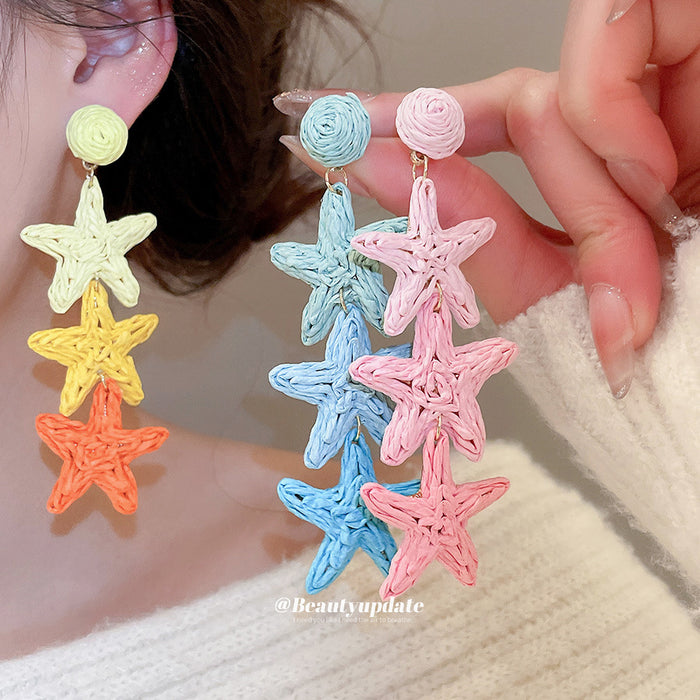 Woven Starfish Drop Earrings With Polished Metal Tone Details