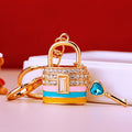 Crystal Lock and Key Handbag Keychain with Gold Tone Hardware view 1