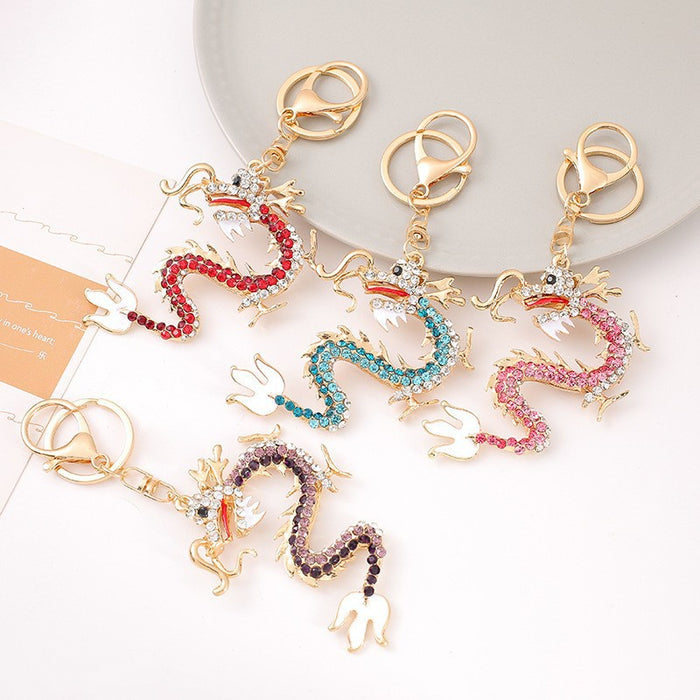 Rhinestone Chinese Dragon Keychain Gold Clasp Four Colors