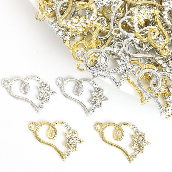 Crystal-Accented Gold Silver Heart Alloy Dangle Charms in 2 Styles