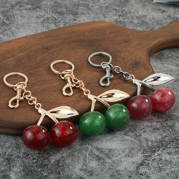 Glitter Cherry Keychain With Split Ring And Lobster Clasp, 6 Styles
