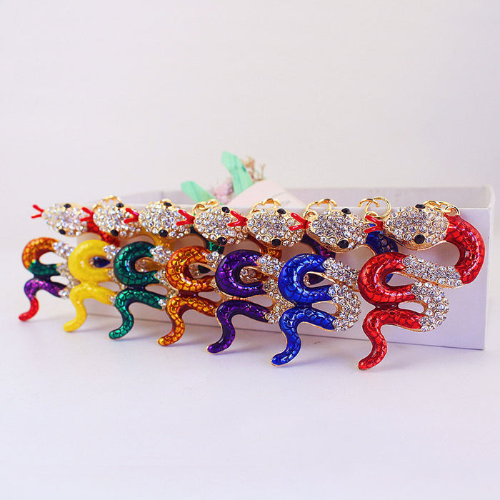 Snake-Shaped Rhinestone Keychain With Split Ring And Lobster Clasp