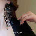 Black Crystal Beaded Waterfall Fringe Statement Stud Earrings view 3