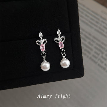 Silver Iris Flower Pink Crystal Pearl Drop Earrings Pair