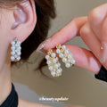 Clustered Pearl Huggie Earrings in Silver or Gold Tone view 4