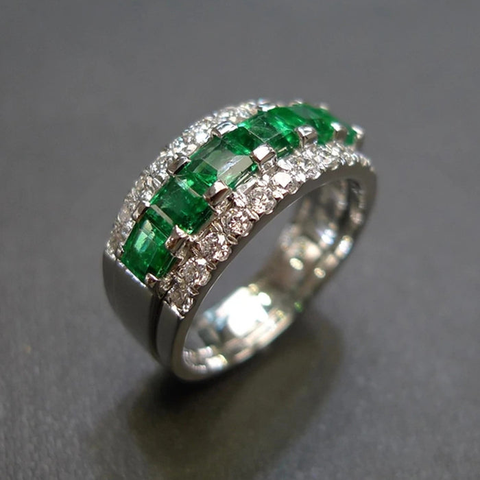 White Gold Tone Green Emerald Cut Crystal Band Sizes 6-10