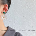 Gold Tone Green Square Stone And Translucent White Flower Earrings view 2