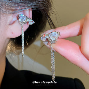 Silver Tone Crystal Heart Ear Cuff with Double Chain Loop