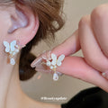 White Butterfly Stud Earrings with Pink Crystal Drops view 1
