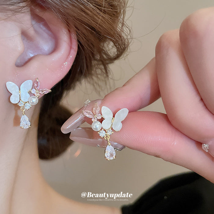 White Butterfly Stud Earrings with Pink Crystal Drops