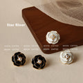 White Enamel Camellia Pearl Center Stud Earrings Gold Rim view 1