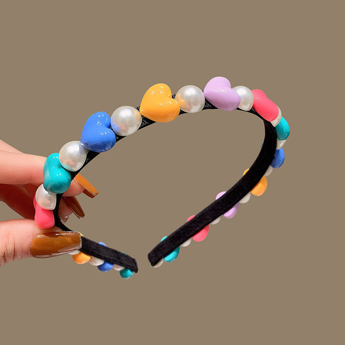 Black Headband With Multicolor Hearts And White Pearl Like Beads
