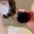 Faux Fur Double Ball Stud Earrings in Black Gray and Red view 2