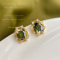 Gold Olive Green Oval CZ Butterfly Frame Stud Earrings view 1