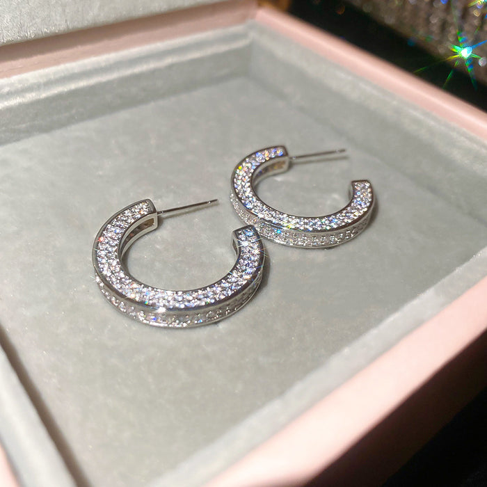 Silver Crystal C Shaped Hoop Earrings with Pave Surface