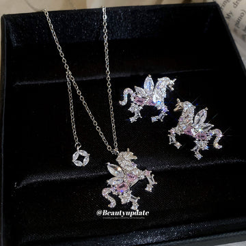 Silver Crystal Unicorn Stud Earrings Pendant Necklace Pink