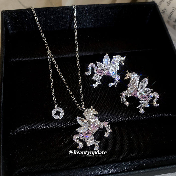 Silver Crystal Unicorn Stud Earrings Pendant Necklace Pink