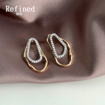 Gold Tone Double Irregular Loop Clear Stone Stud Earrings For Women