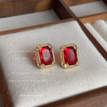 Gold Rectangular Red Crystal Stud Earrings Prong Pair view 3