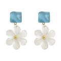 Aqua Square Top And Translucent White Daisy Drop Stud Earrings view 5