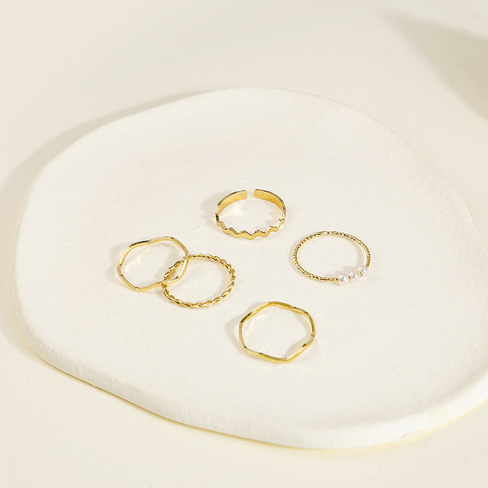 Gold Five Piece Thin Stacking Ring Set Pearl Wave Twists