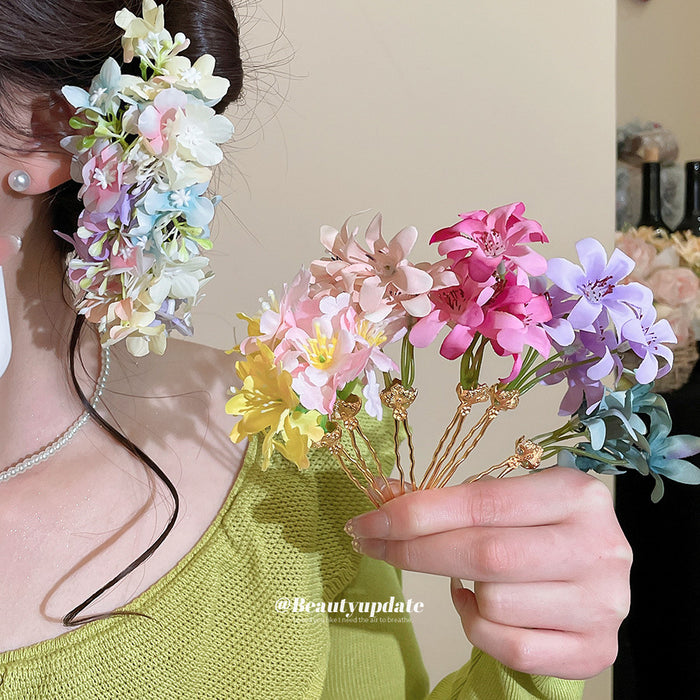 Fabric Flower Gold Fork Hair Stick Pins Six Colors